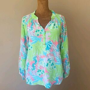 Lilly Pulitzer Elsa Blouse Size 0 X-Small‎ Coral Lizard Green Pink Top 100% Silk